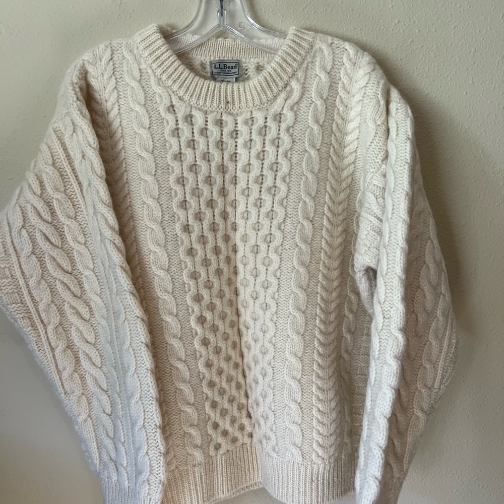 LL Bean Men's 100% Lane Crew Neck Fisherman's Cream Sweater Size XL Reg